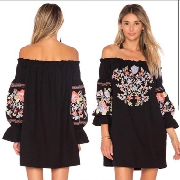 Free People Fleur Du Jour Enchanted Garden Black Off-Shoulder Mini Dress Small - Picture 9 of 10